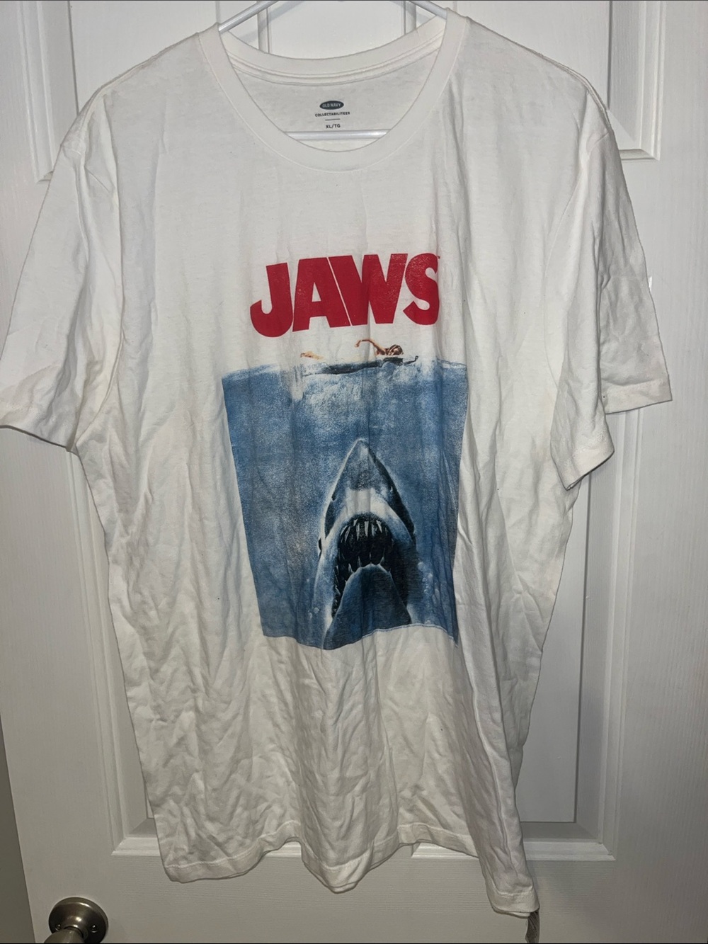 Old Navy White Tee with Red JAWS Logo and Blue Shark Graphic
